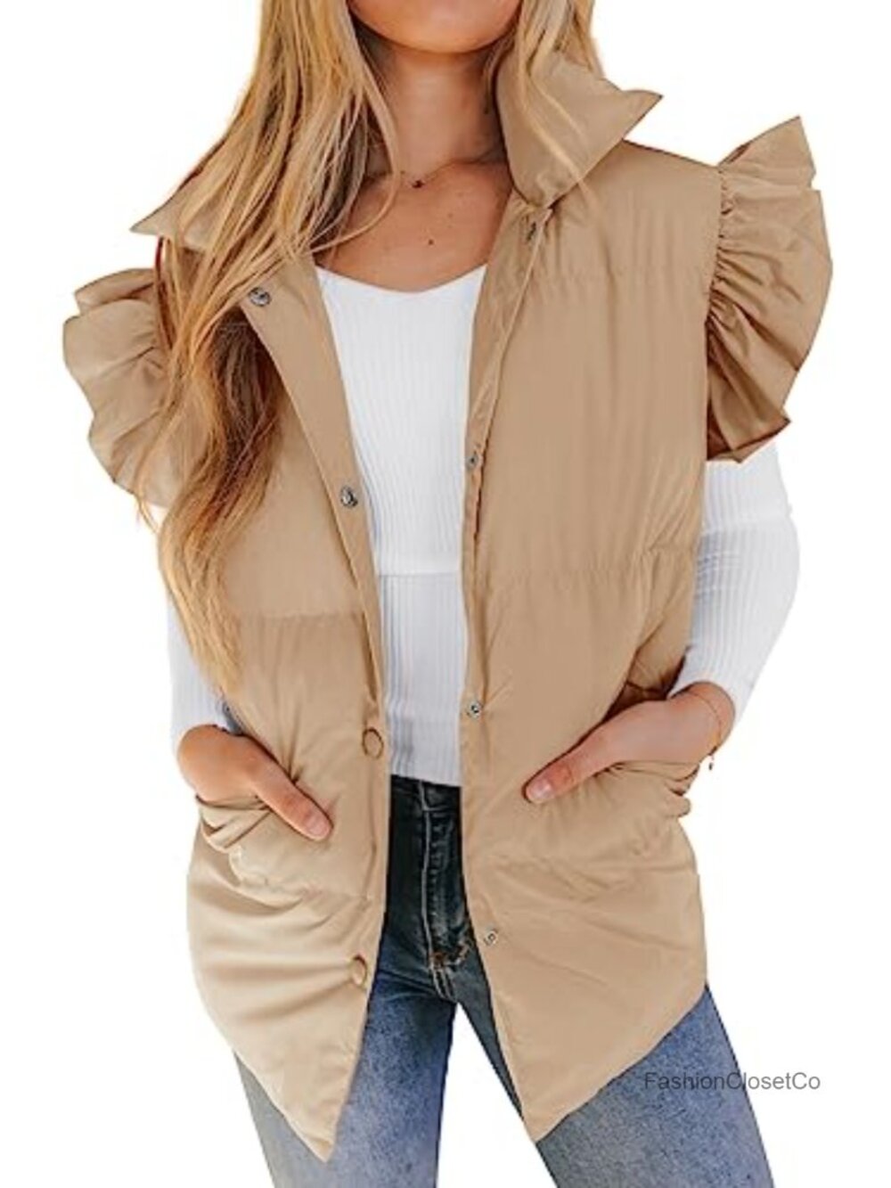 Women's Puffer Vest Ruffle Sleeve Quilted Button Down Gilet Fall Winter